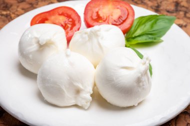Puglia 'dan taze el yapımı İtalyan peyniri yemek, beyaz burrata topları veya mozzarella ve kremadan yapılmış burratina peyniri yemek.