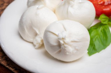 Puglia 'dan taze el yapımı İtalyan peyniri yemek, beyaz burrata topları veya mozzarella ve kremadan yapılmış burratina peyniri yemek.