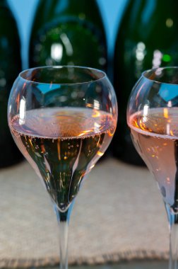 Tasting of rose brut Champagne sparkling wine in cellars of gran cru wine house in Epernay, wine tour in Champagne, France, magnum bottles on background