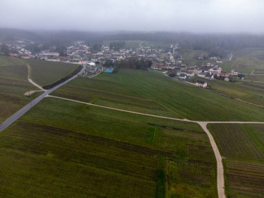 Aerial panoramic winter view on cloudy landscape, valley vineyards near Ludes premier cru champagne village near Epernay, wine production in France