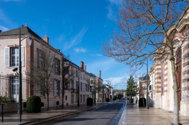 Beautiful French architecture elements and houses in Champagne sparkling wine making town Epernay, Avenue of Champagne tourists street, France at winter