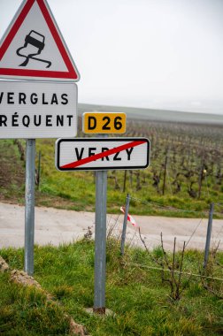 Low season in winter in Champagne wine making region near Reims, Champagne, France. Road signes and places of destinations, Gran Cru village Verzy