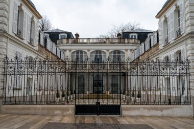 Beautiful French architecture elements and houses in Champagne sparkling wine making town Epernay, Avenue of Champagne tourists street, France at winter