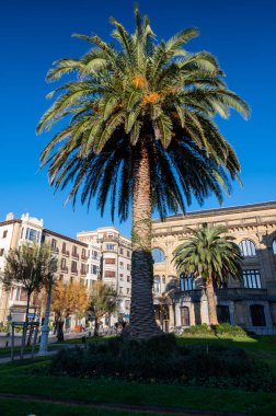 Walking in old harbor and central part of Donostia or San Sebastian city, Basque Country, Spain in sunny day