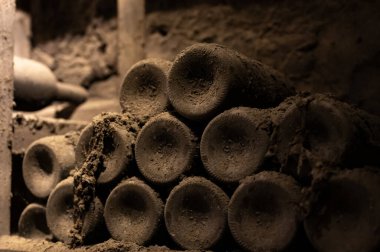Keeping for years of old dusty bottles of red rioja wine in old underground cellars, wine making in La Rioja region, Spain