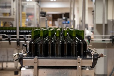 Bottling process of red and wite rioja wine on modern winery, wine making in La Rioja region, Spain
