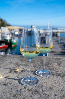Tasting of chacol slightly sparkling very dry white wine produced in Spanish Basque Country with view on old port and sunny village Getaria, Spain