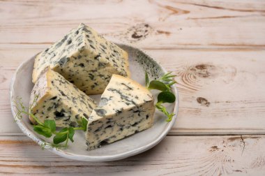 Peynir koleksiyonu, bir parça Fransız peyniri Auvergne ya da dört tane d 'Ambert yakın çekim.