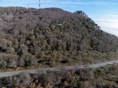Mountain road to Rioja Alavesa valley near point of view Balcon De La Rioja, Spain in winter