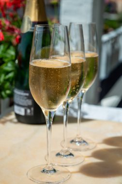 Yeni yıl partisi, Fransız brut şampanyası içmek yatta şarap içmek Saint-Tropez yakınlarındaki Port Grimaud limanında, Fransız Riviera tatili, Fransa