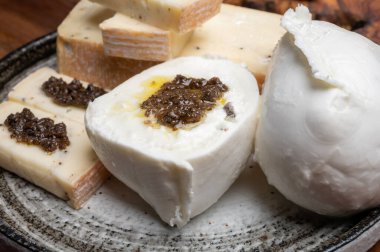 İtalyan peynir koleksiyonu, sarı taleggio peyniri ve siyah mantarlı beyaz mozzarella Val Taleggio, İtalya yapımı.