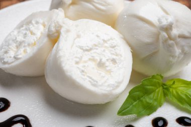Puglia 'dan taze el yapımı yumuşak İtalyan peyniri yemek, beyaz burrata topları veya mozzarella ve krem ile kaplanmış burratina peyniri.