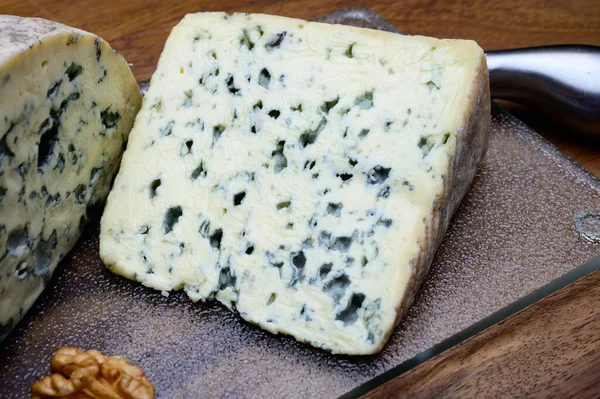 Cheese collection, piece of French blue cheese auvergne and blue fourme d\'ambert close up
