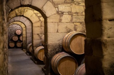Old french oak wooden barrels in underground cellars for wine aging process, wine making in La Rioja region, Spain