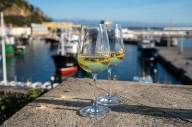 Tasting of txakoli or chacoli slightly sparkling very dry white wine produced in Spanish Basque Country with view on old port and sunny village Getaria, Spain