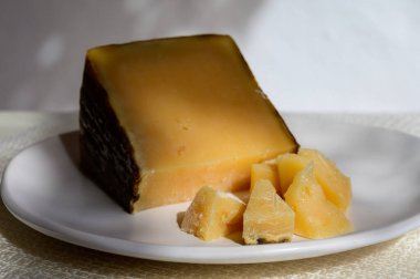 Spanish cheeses collection, piece of old matured goat cheese in sun lights