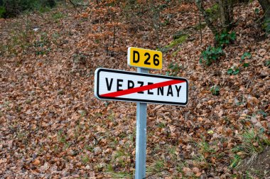 Low season in winter in Champagne wine making region near Reims, Champagne, France. Road signes and places of destinations, Gran Cru village Verzenay