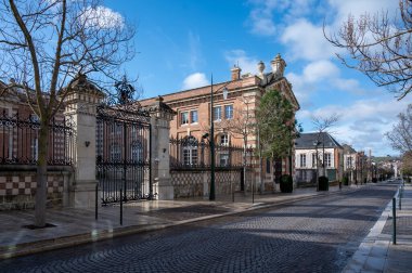 Beautiful French architecture elements and houses in Champagne sparkling wine making town Epernay, Avenue of Champagne tourists street, France at winter