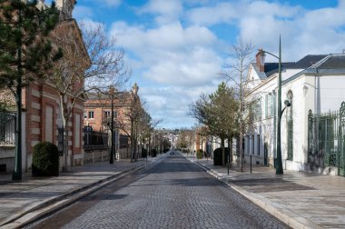 Beautiful French architecture elements and houses in Champagne sparkling wine making town Epernay, Avenue of Champagne tourists street, France at winter