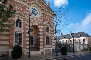 Beautiful French architecture elements and houses in Champagne sparkling wine making town Epernay, Avenue of Champagne tourists street, France at winter