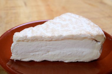 Piece of french soft-ripened white mold cow milk cheese brie produced in Seine-et-Marne region, France, close up