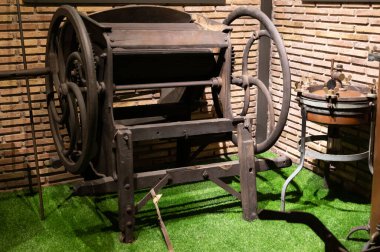 Ancient manual equipment for wine making in La Rioja region on old winery, Spain