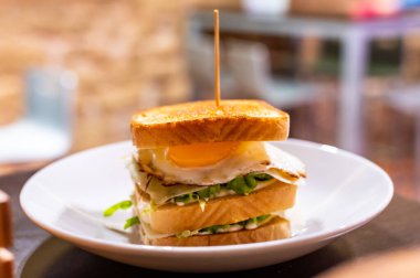 Beyaz ekmek, yumurta, yeşil marul ve peynirli vejetaryen sandviç.