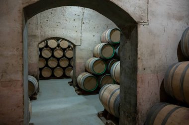 Old french oak wooden barrels in underground cellars for wine aging process, wine making in La Rioja region, Spain