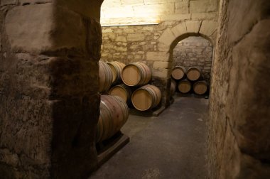 Old french oak wooden barrels in underground cellars for wine aging process, wine making in La Rioja region, Spain