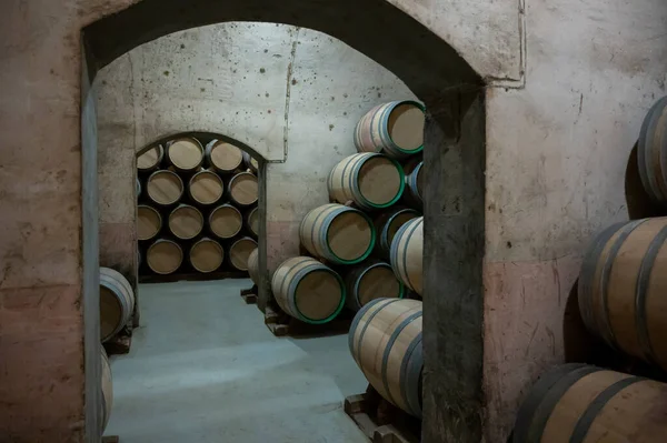 Old French Oak Wooden Barrels Underground Cellars Wine Aging Process — 스톡 사진