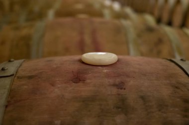 Old french oak wooden barrels in underground cellars for wine aging process, wine making in La Rioja region, Spain