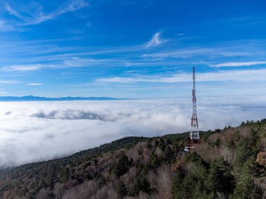 Sea of white clouds above Rioja Alavesa wine making alley as seen from sunny point of view Balcon De La Rioja, Spain in winter