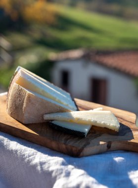 İspanyol sert peynir çeşitleri, curado, manchego, keçi ve koyun peynirleri İspanya 'da yeşil çayır ve eski peynir çiftliği manzaralı açık havada servis edilmektedir.