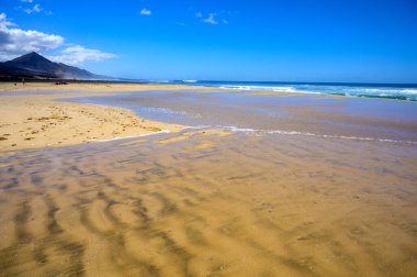 Fuerteventura, Kanarya Adaları 'ndaki sıradağların arkasına gizlenmiş altın kumlu, uzun kahve plajına ulaşmak zor.