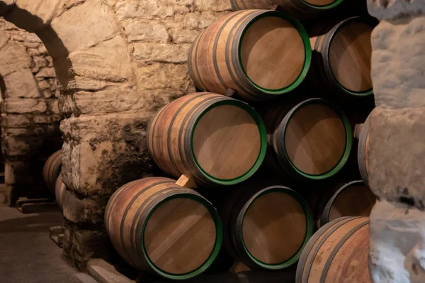 Old French Oak Wooden Barrels Underground Cellars Wine Aging Process — Photo