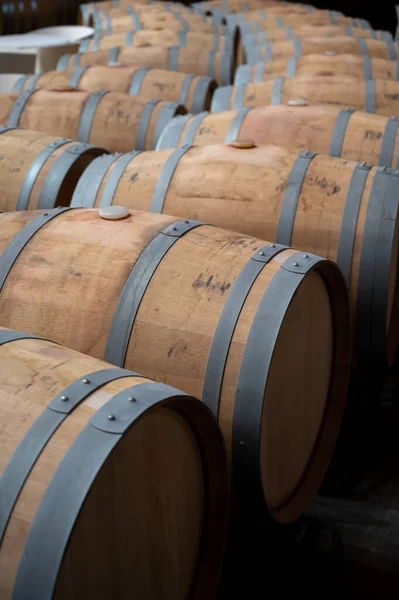 Rows French American Oak Barrels Red Dry Wine Cellars Winery — Fotografia de Stock