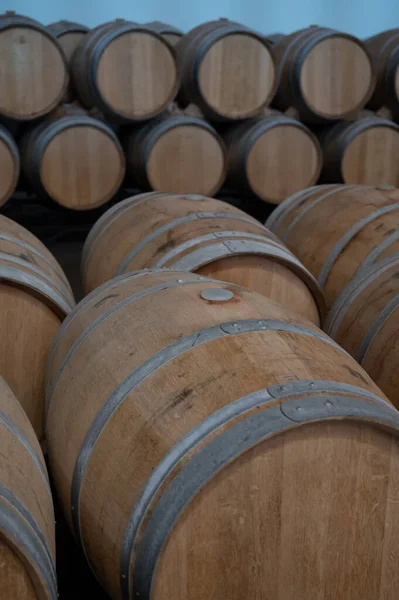 Rows French American Oak Barrels Red Dry Wine Cellars Winery — Foto de Stock