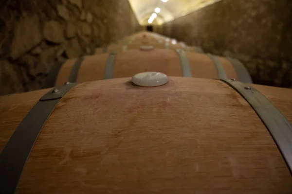 Old French Oak Wooden Barrels Underground Cellars Wine Aging Process — 图库照片