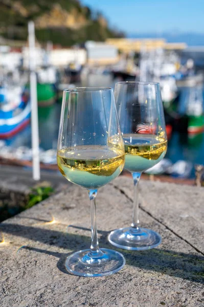 Tasting of txakoli or chacol slightly sparkling very dry white wine produced in Spanish Basque Country with view on old port and sunny village Getaria