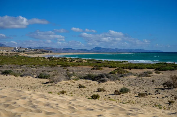 Dunas Arena Aguas Turquesas Playa Sotavento Costa Calma Fuerteventura Islas — Foto de Stock