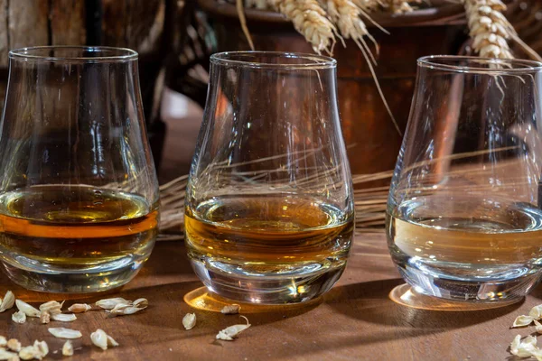 Bicchieri Degustazione Scotch Whisky Speyside Vecchio Tavolo Vintage Legno Scuro — Foto Stock