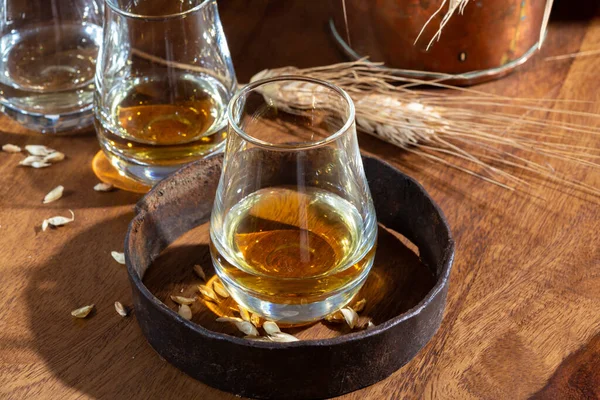 Speyside Scotch Whisky Tasting Glasses Old Dark Wooden Vintage Table — Stock Photo, Image