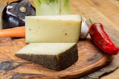 Peynir koleksiyonu, yıllanmış İtalyan koyun peyniri Sicilya adasından kara pecorino ya da pecorino nero di Sicilya yakın plan