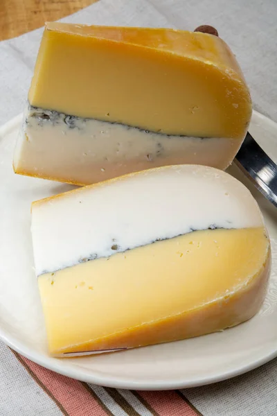 カラフルなダブルオランダチーズ 黒カビの層が入った牛乳とヤギ乳で作られたハードチーズ クローズアップ — ストック写真