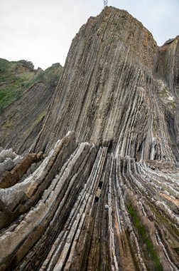 Zumaia 'nın Atlantik kıyısındaki alçak gelgitte, İspanya' nın Bask Bölgesi 'nde dik eğimli sinek jeolojik oluşumuna bakın.