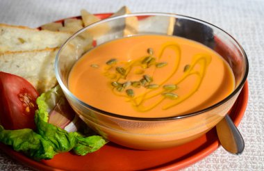 Famous vegetables cold soup from Cordoba, Andalusia salmorejo served cold in cafe for lunch as starter dish close up