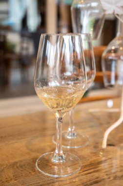 Tasting glass with cold brut Champagne sparkling wine in cellars of gran cru wine house in near Reims, wine tour in Champagne, France
