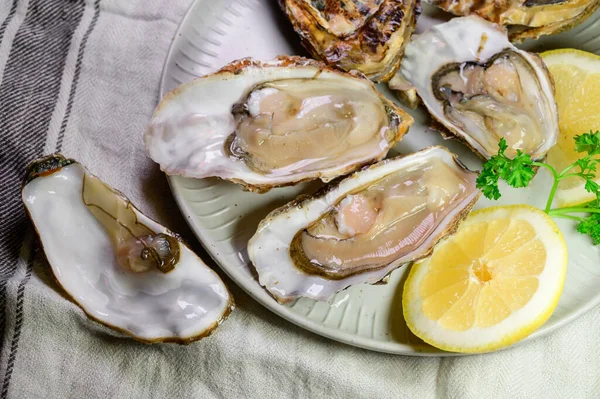 stock image Eating of fresh big raw Zeeuwse Creuse Dutch oysters from Zeeland with fresh lemon juice, Netherlands