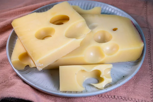 Swiss Cheese Collection Yellow Emmentaler Emmental Cheese Holes Close — ストック写真