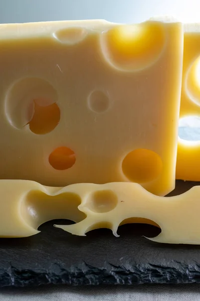 Swiss Cheese Collection Yellow Emmentaler Emmental Cheese Holes Close — Foto Stock